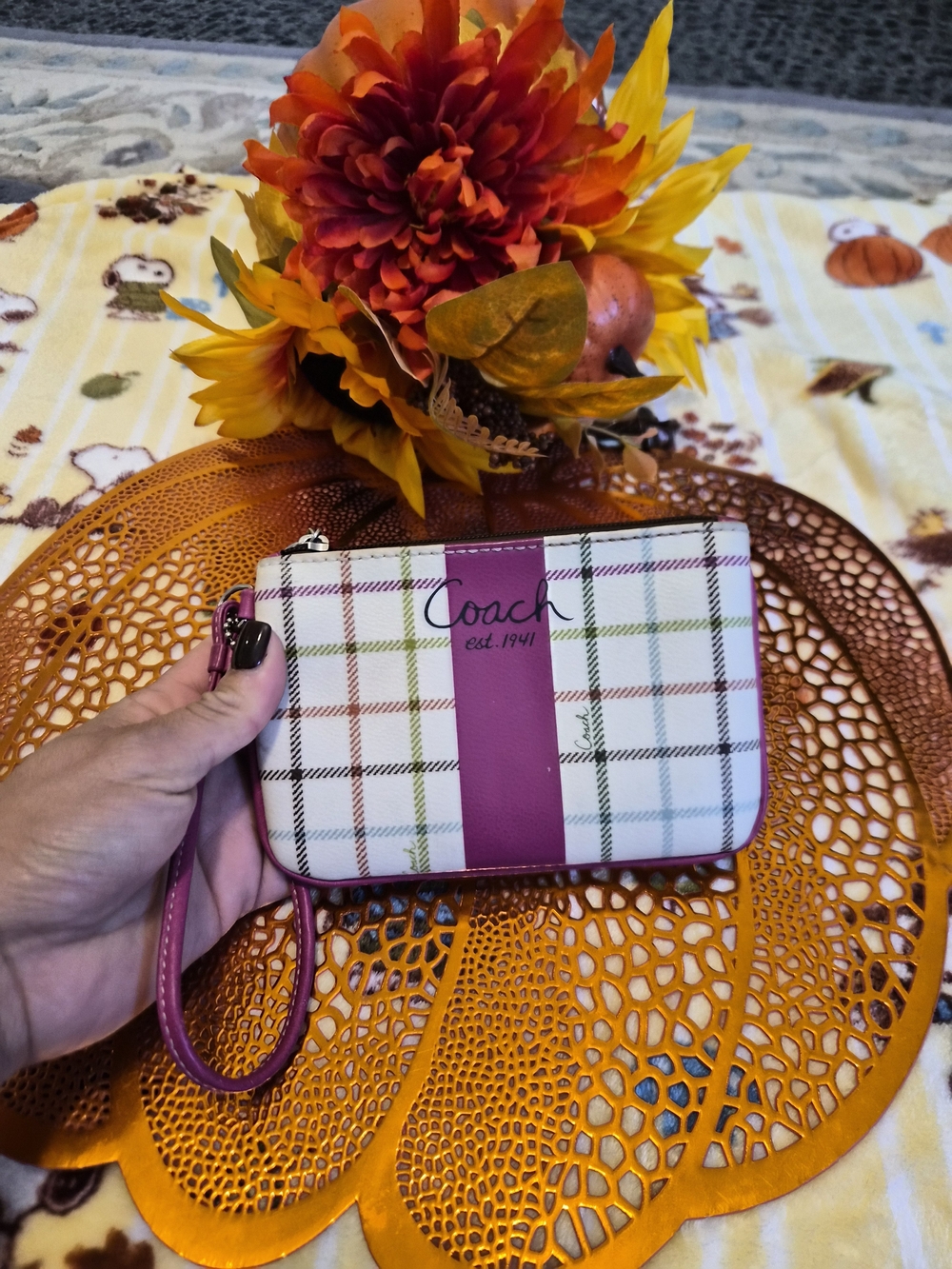 Coach Pink Stripe Plaid Wristlet